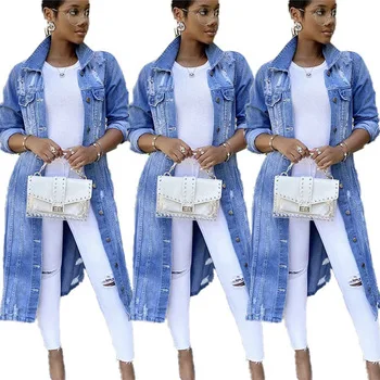 

CL-110 2020 Wholesale warmth fashion fall clothing ripped denim jackets long denim jacket women