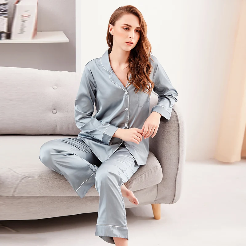 

New Style Customized Ladies Button Down Pjs Loungewear 2pcs Female Soild Silk Like Satin Pajamas High Qaulity Women Sleepwear, Eight colors