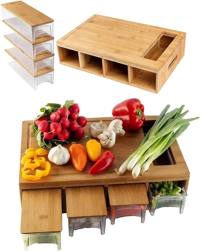 

Hot Sell Large Size Organic Bamboo Cutting Board 4 Tray Plastic Drawers Cutting Board Bamboo Lids Chopping Blocks