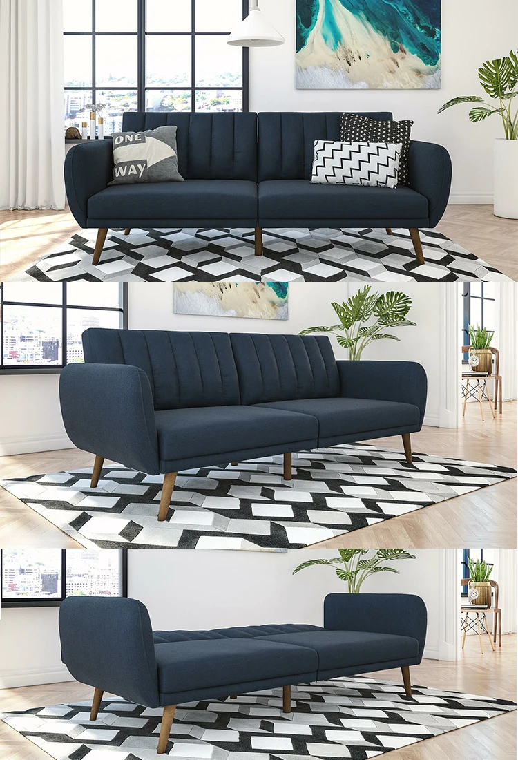 American Style Sofa Design Three Seater Blue Fabric Velvet Upholstery