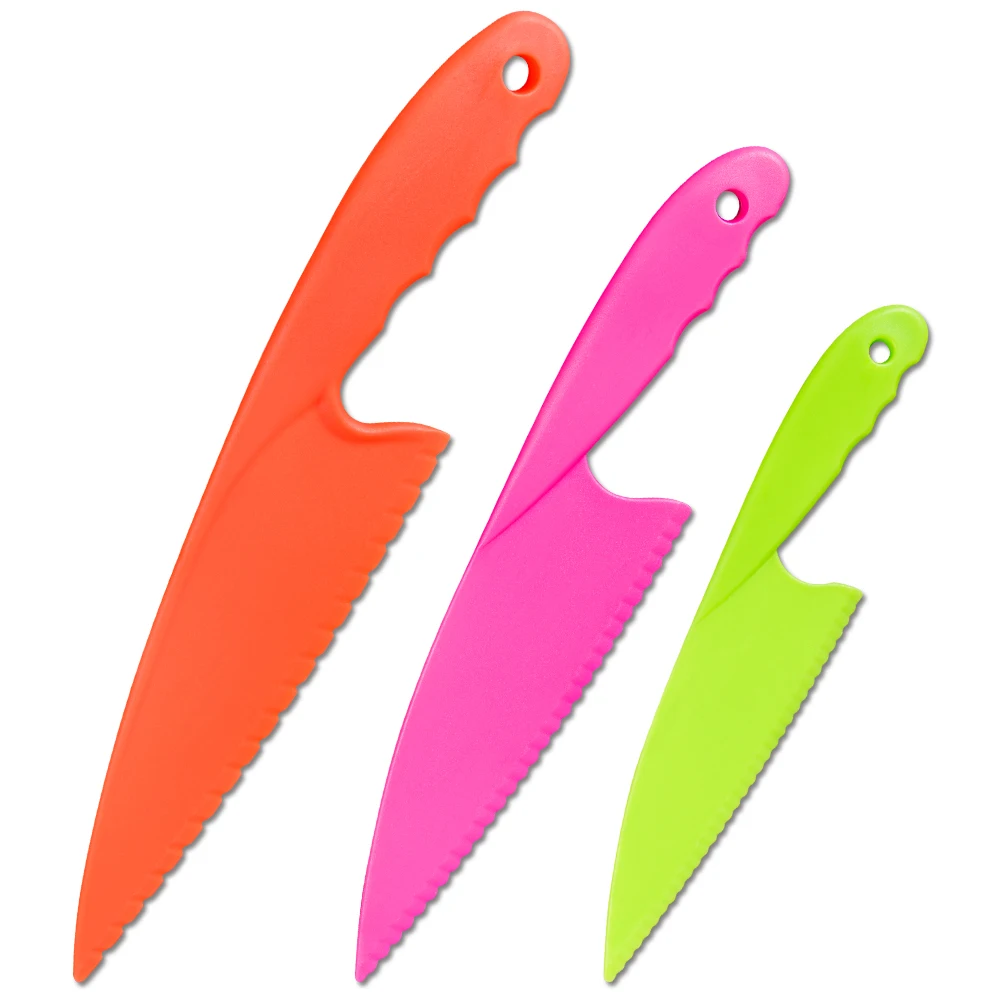 

Wholesale Children Toddler Kids Safety Baking Cooking Plastic Blade Bakeware Wedding 3 Piece Plastic Lettuce Cake Knife Set