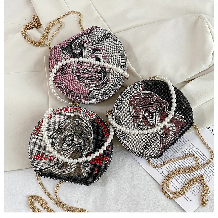 

BG-0058 New Arrival Casual Travel Diamond Purses Handbags Crossbody Glitter Round Rhinestone Handbag For Women, As picture