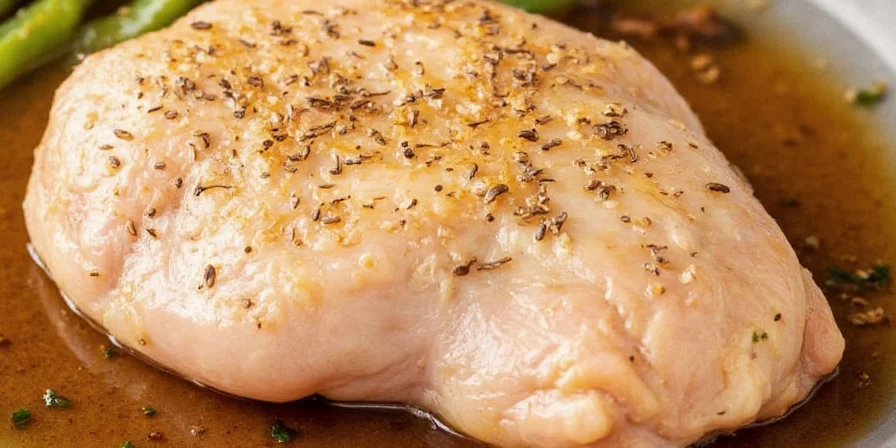 Chicken breast soaking in a vibrant marinade.