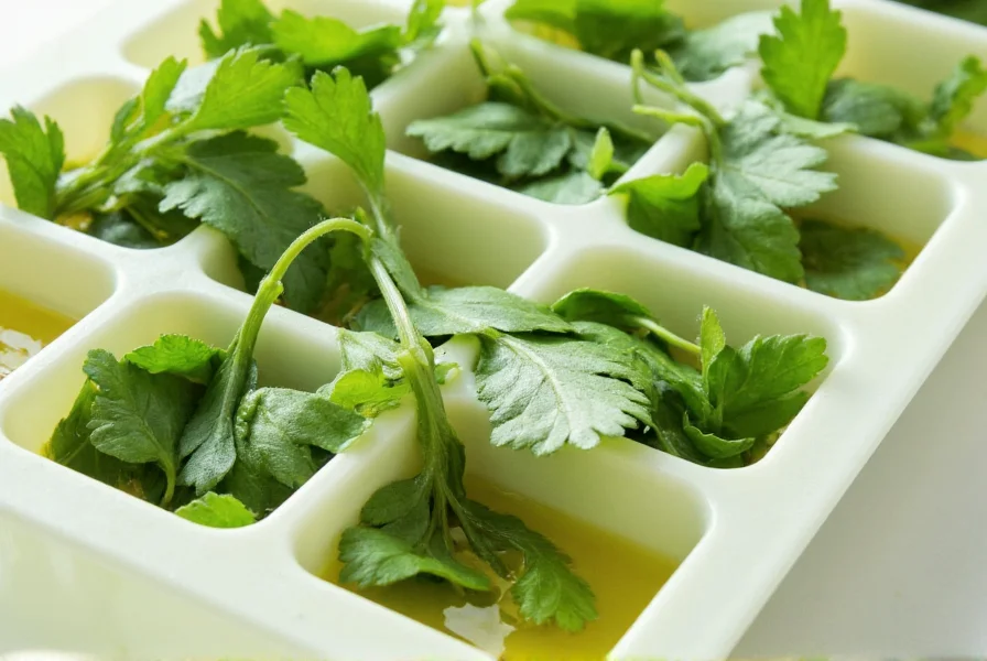 Coriander leaves frozen in ice cube tray with olive oil