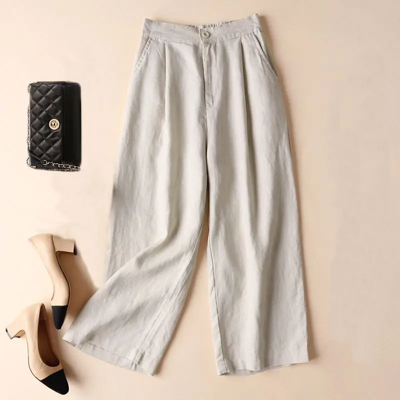 

Summer and Autumn Cotton Linen Wide Leg Pants Women High Waist Palazzo Korean Style Plus Size Loose Womens Trousers Casual Pants, White, khaki, black