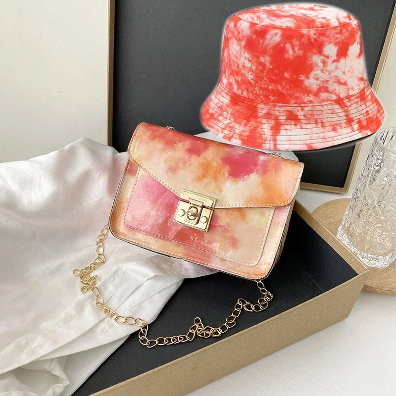 

Fashion girls crossbody shoulder bag chain bags for ladies womens tie dye bucket hat and purses handbags set, 3 color options
