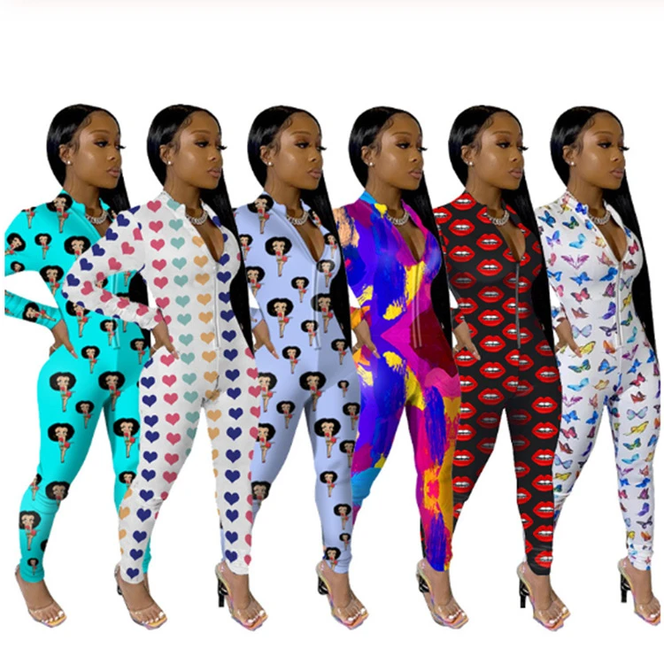 

Women Zipper Rompers Multicolor Printing Sportswear Ladies Plus Size Casual Womens One Piece Jumpsuit, Customized color