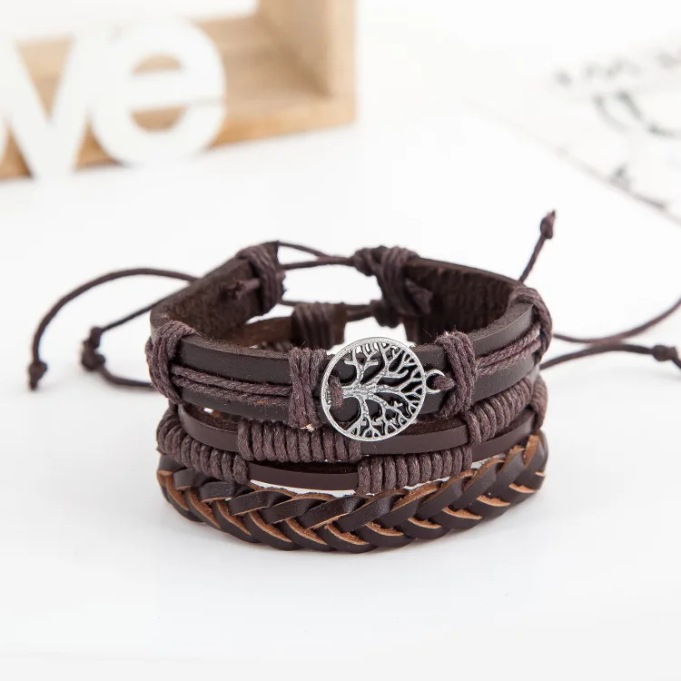 

Men Women Braided Leather Bracelets Handmade Cuff Wrap Wristbands, Brown