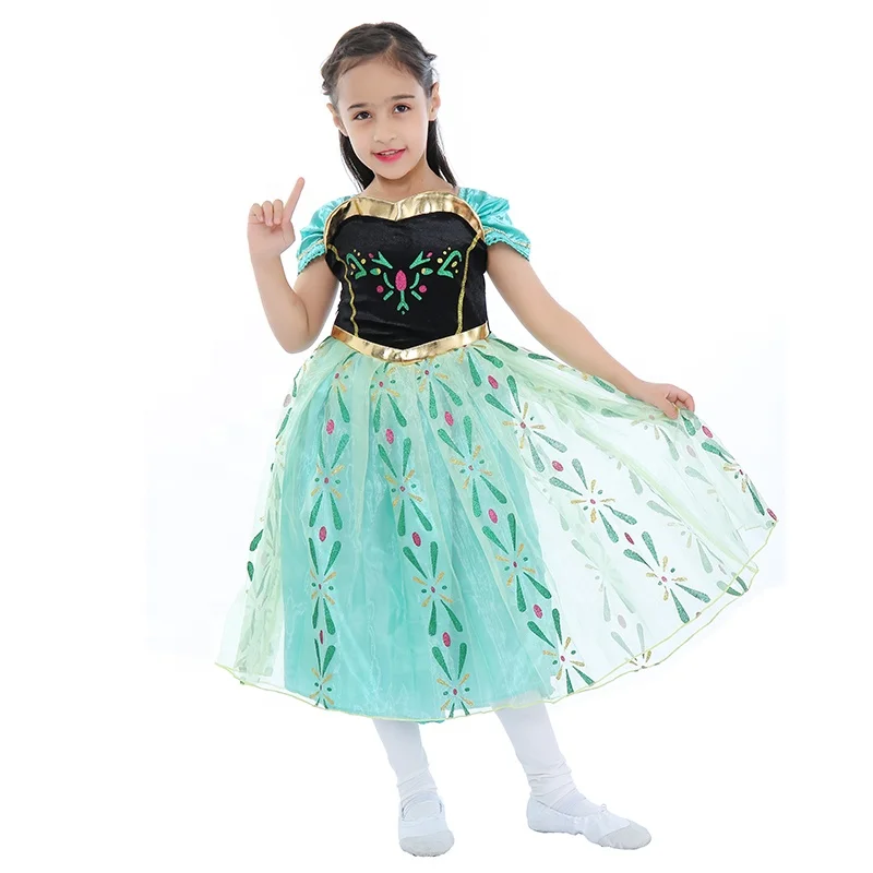 

2021 New Design Kids Cosplay Costume Party Princess Costume Fashion Green Anna Dress, Picture shown