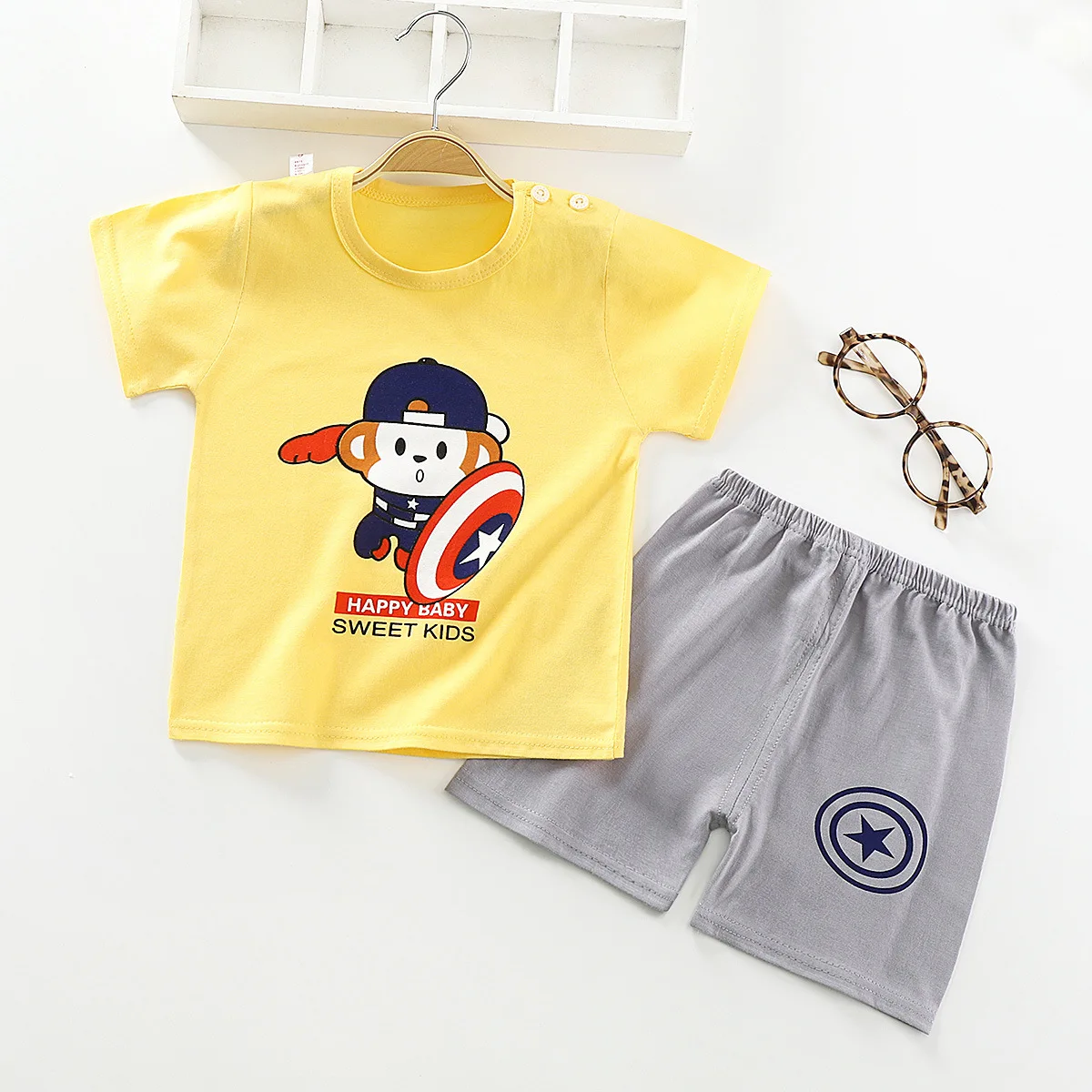 

Hot selling wholesale children's short-sleeved suit boys and girls baby short T-shirt two-piece pajamas baby clothes summer, As picture