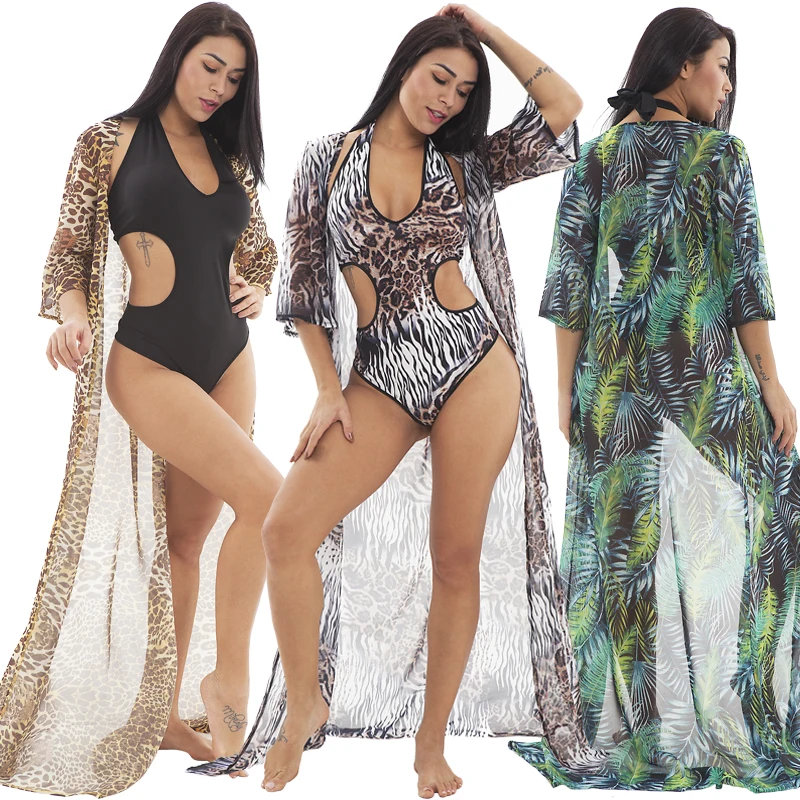 

FM-19171 Sexy printed lady beach dresses one piece bikini set mujer with cloak bathing suits for women 2020