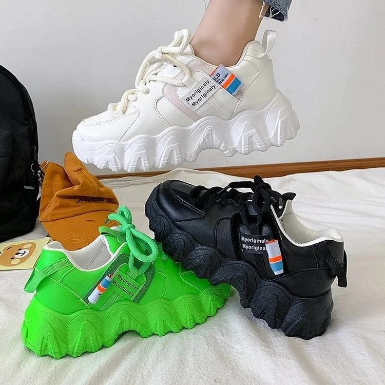 

China Cheap Price Thick Sole Women Shoes Pure Color Casual Sports Lace-Up Neon Green Sneaker Wedges Heels Women Fashion Sneakers, Black\ white\green
