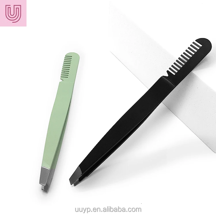 

Wholesale Professional Advanced Black Flat Tip Eye Brow Makeup Slant Tip Stainless Steel Eyebrow Tweezer With Comb