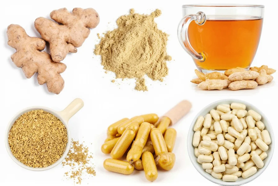 Various forms of ginger preparation including fresh root, dried powder, tea, and capsules