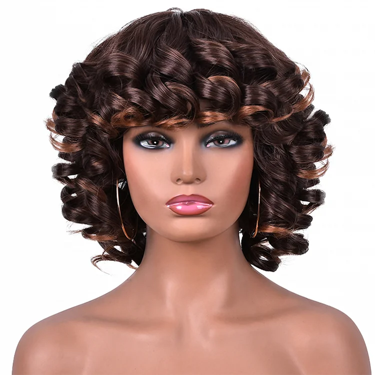 

Wholesale curly wig with bangs for black women african omber glueless cosplay high temperature short wigs wave synthetic wig, Custom color