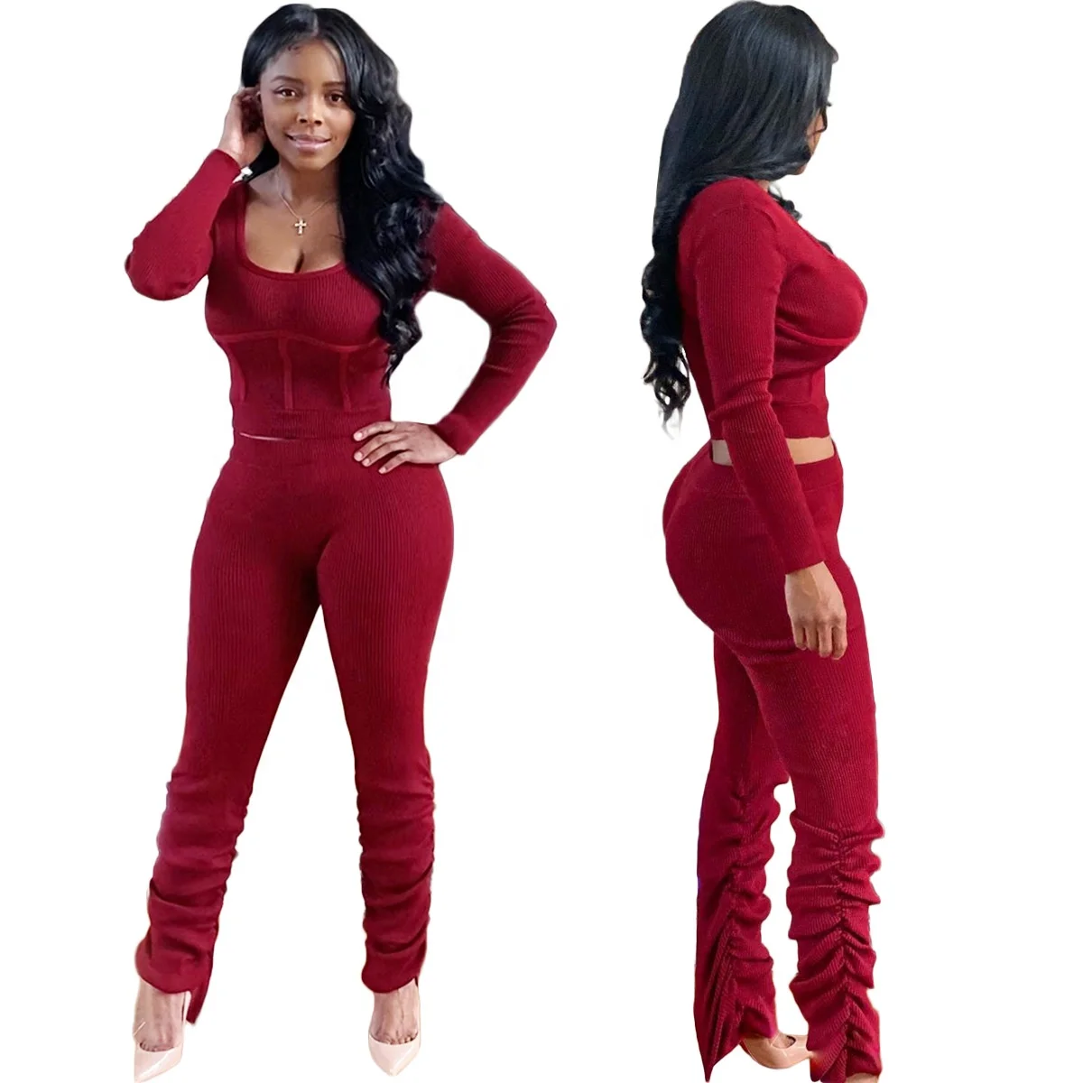 

New Arrivals Sexy Plus Size Tops Stacked Pants 2 Piece Set Women Clothing