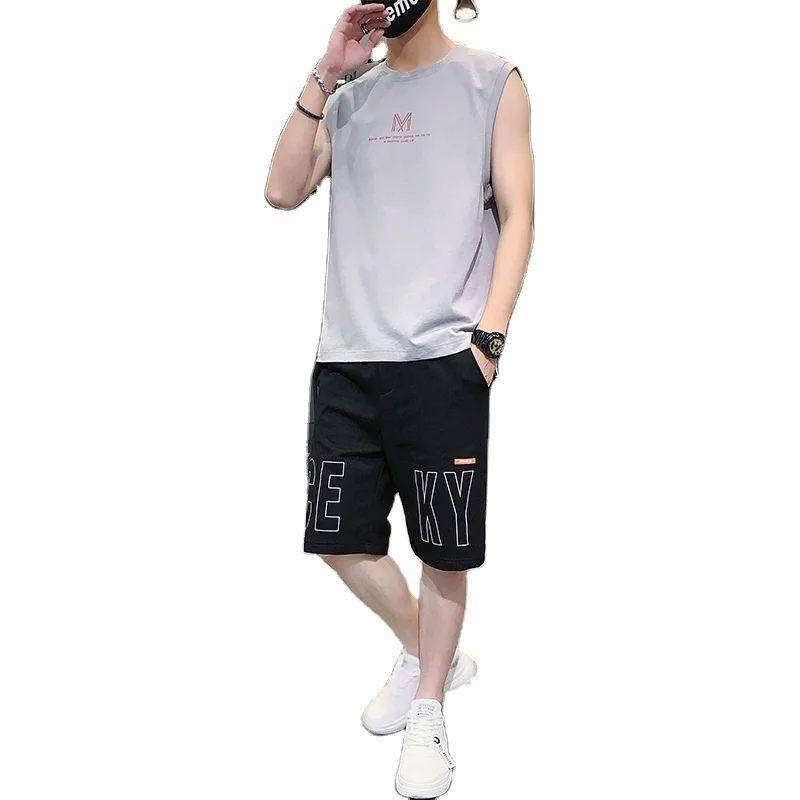 

Summer sleeveless t-shirt boys vest loose cotton basketball clothes teen sportswear shorts casual suit