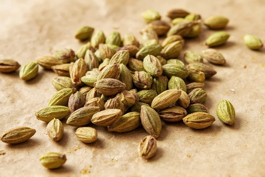 Chef's hands grinding fresh cardamom pods into melted dark chocolate in copper bowl