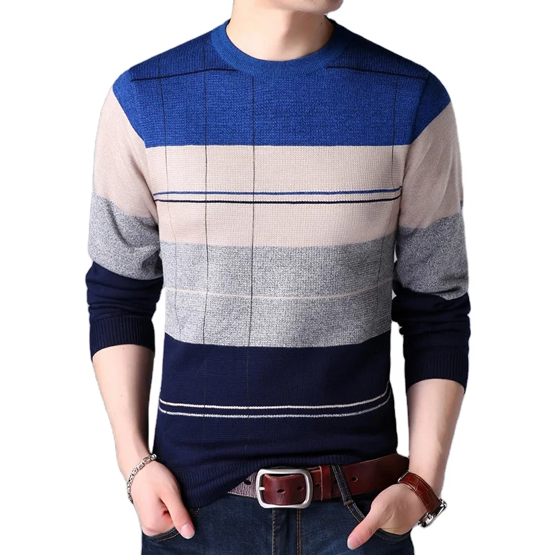

autumn latest crew neck plaid and stripe business man pullover, Black,orange,brown
