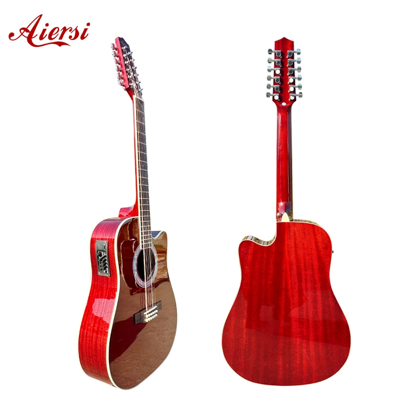Aiersi Custom logo OEM Glossy Electric 12 String Acoustic Guitar Mahogany Cutaway 41 Inch Dreadnought Folk Musical Instrument