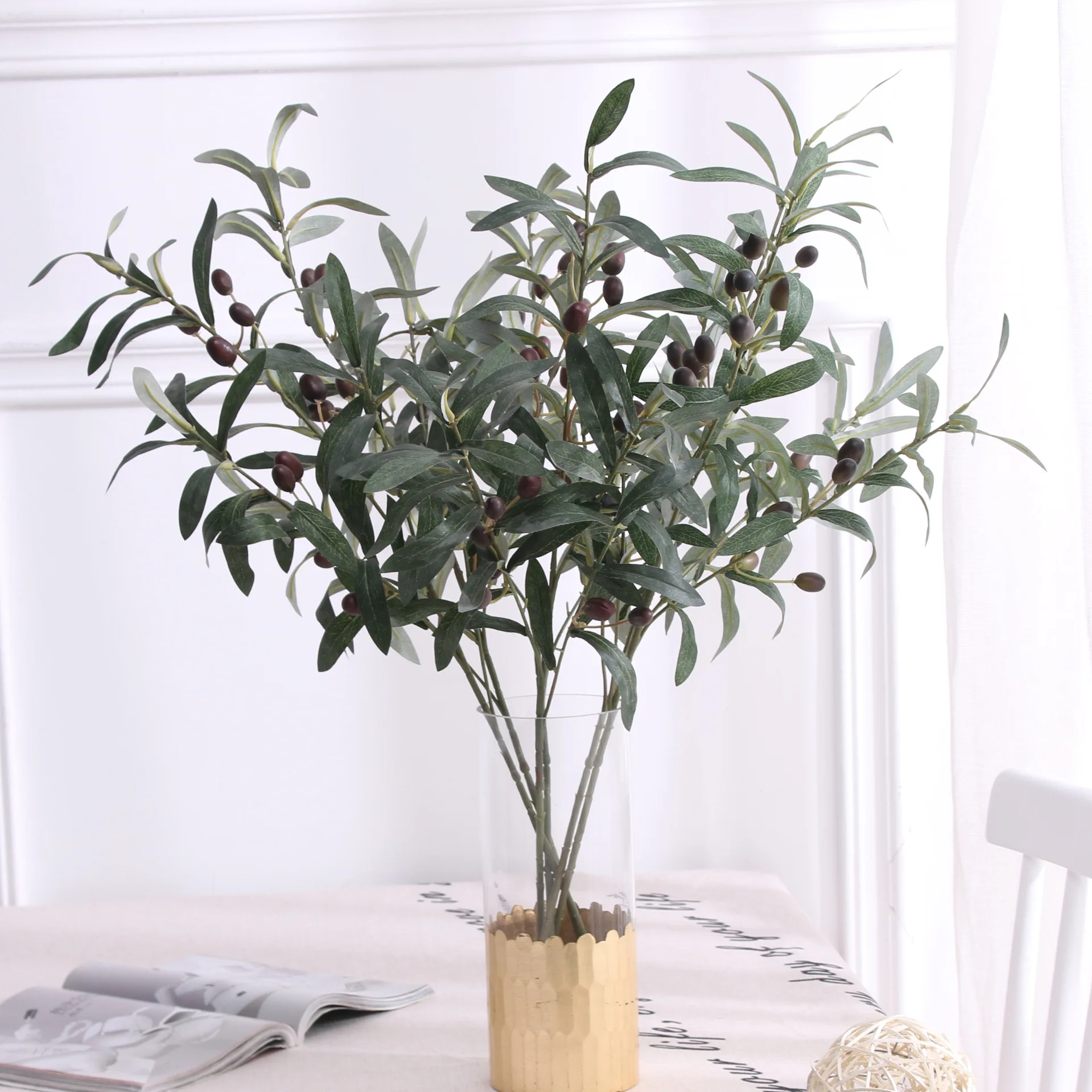 

JMLF1004-77CM Decorative 4 Forks Olive Tree Branch with Fruits For Home Decoration, Green