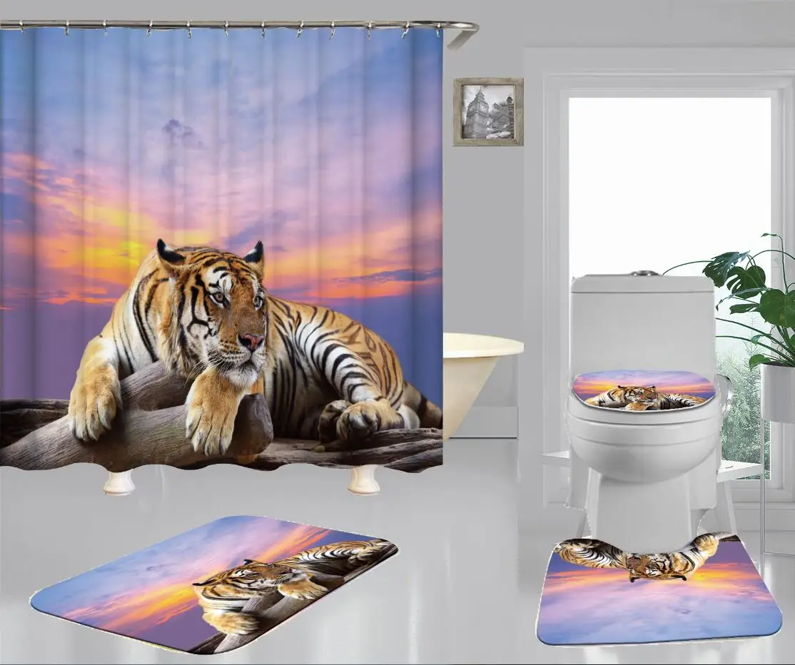 

Fierce Wild Animal Printed Shower Curtain Tiger Print Fashion Toilet Seat 4PCS Sets