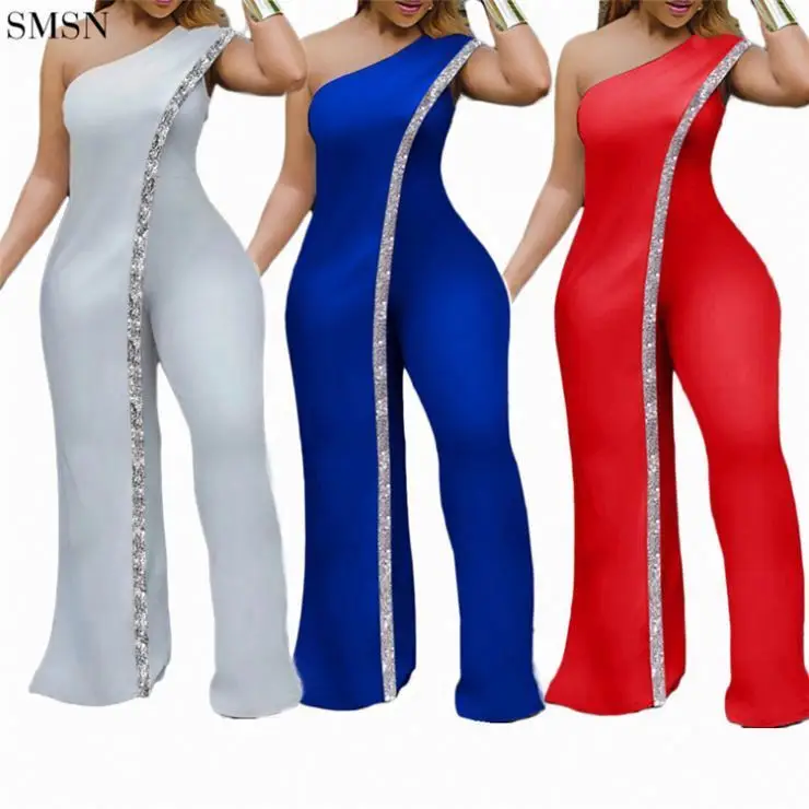 

POLLY Newest Design Diagonal Shoulder Style Patchwork Woman Bodycon Jumpsuits Rompers For Women Jumpsuit Pants