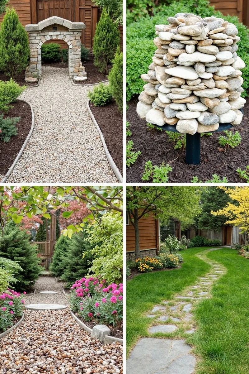 Curved gravel path through backyard garden
