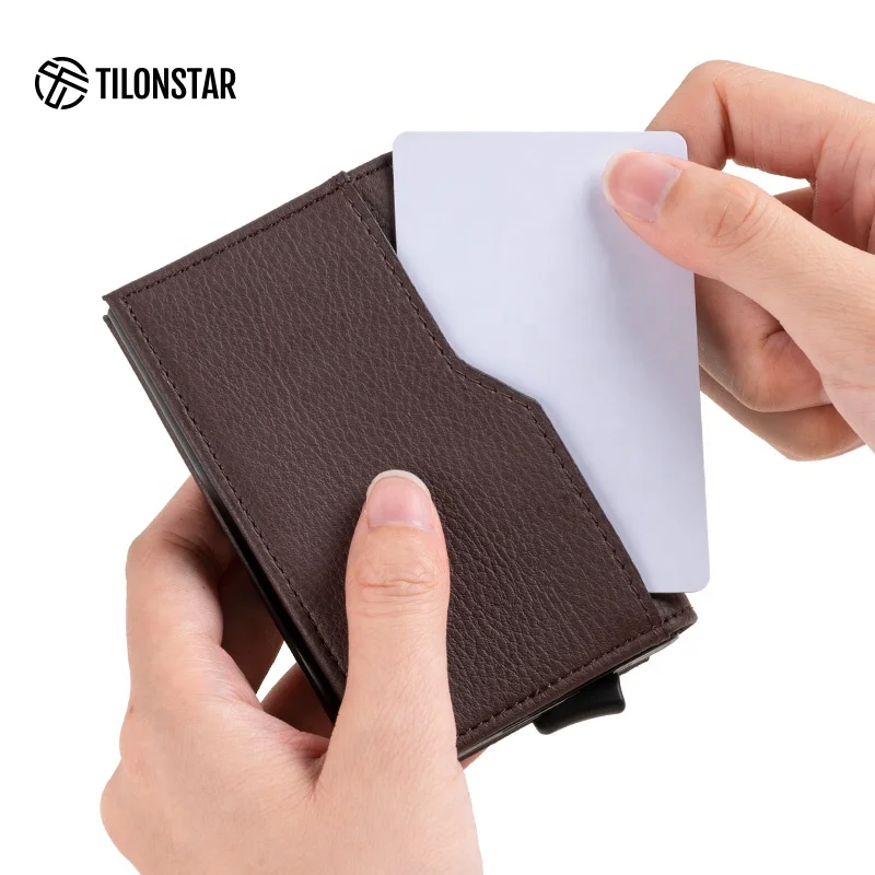 

TILONSTAR Hot Selling Genuine Leather Slim Wallet Rfid Wallet Aluminum credit Card Case Credit Pop Up Card Wallet