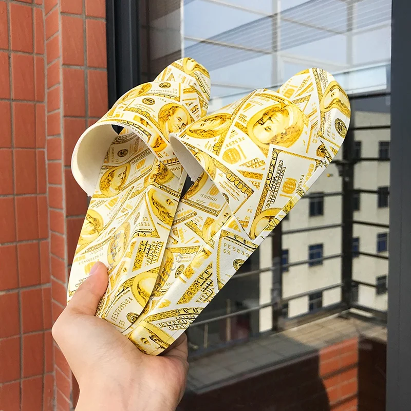 

fashionable women flat slippers money pattern high quality flat slides for Women's beach sandals, Red/grey/yellow