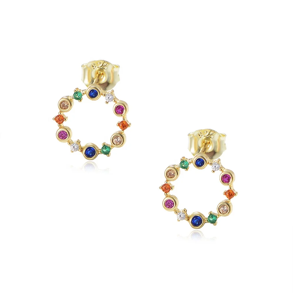 

multi original colorful Rainbow Circles psj S 925 Sterling silver 14k gold plated bling CZ Cubic Zirconia Stud hoop Earrings
