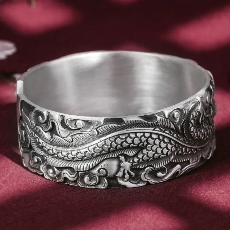 

Hot Sale 999 Silver Retro Embossed Dragon Wide Face Bracelet Personality Men and Women Open Silver Bracelet