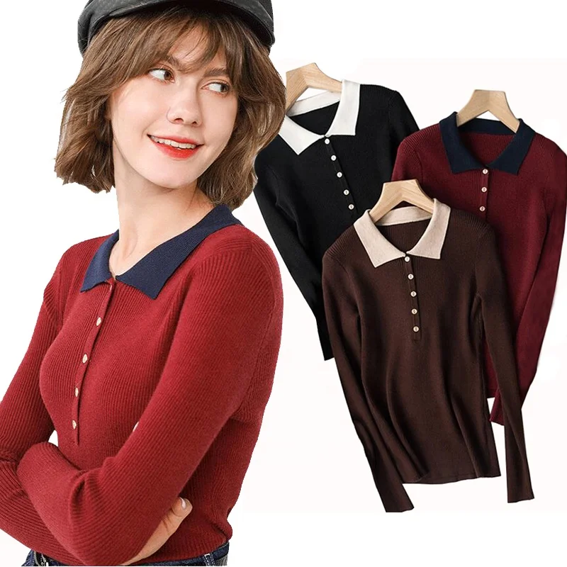 

Fashion Buttoned Knitwear Long Sleeve Womens Sweater Plus Size Knit Sweaters Stand Collar Women Knitted Pullover, 5 colors as shown