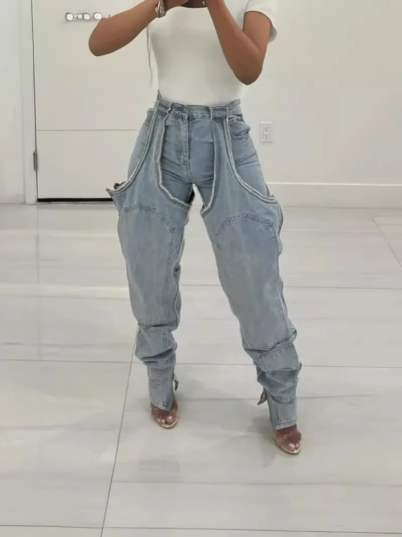 GX51089 Fashion Women Clothing Boutique Casual Unique Denim Pant Lady High Waist Jeans Trousers
