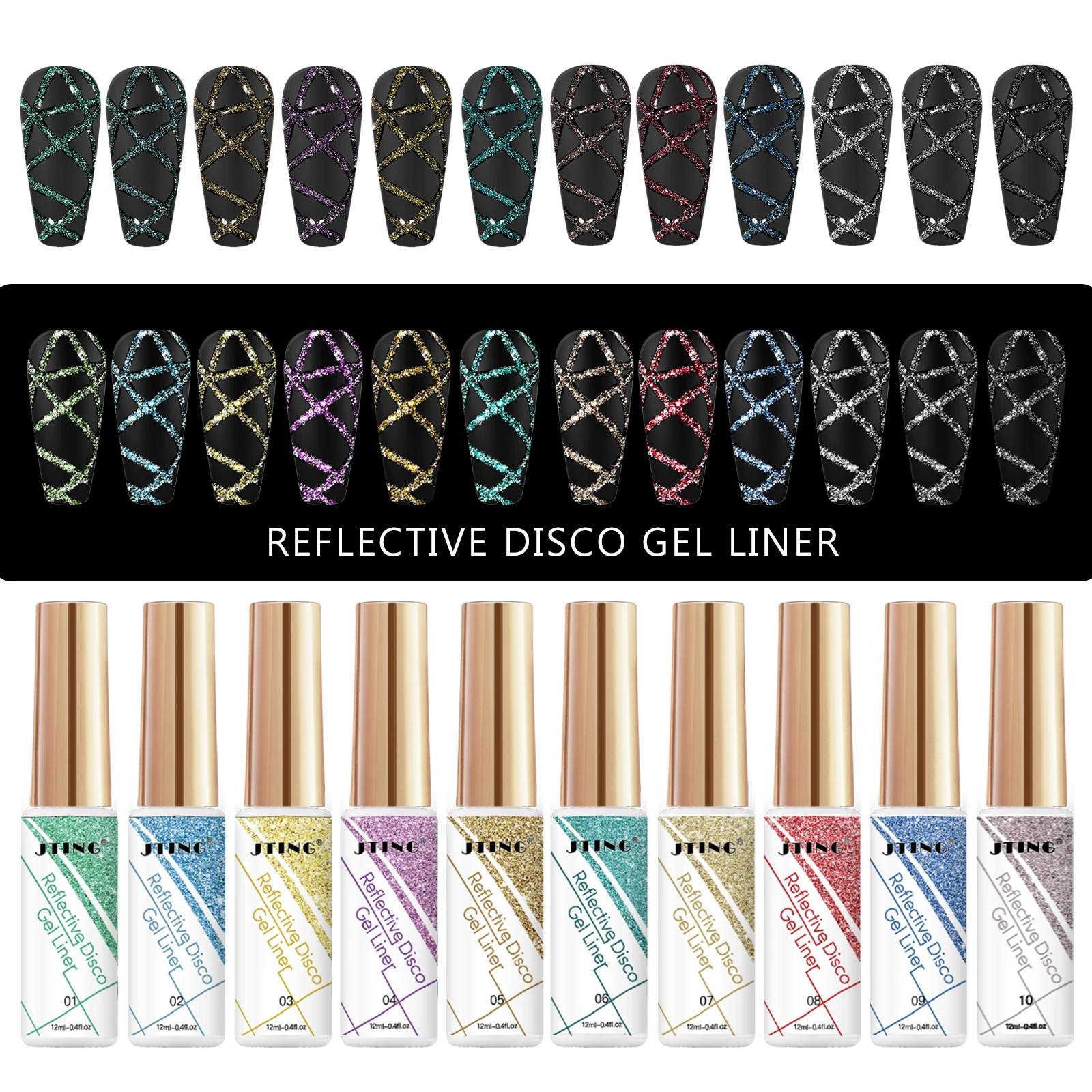 

JTING New popular nail art 12Colors Reflective disco liner gel polish set gel liner private label OEM 12ml customized
