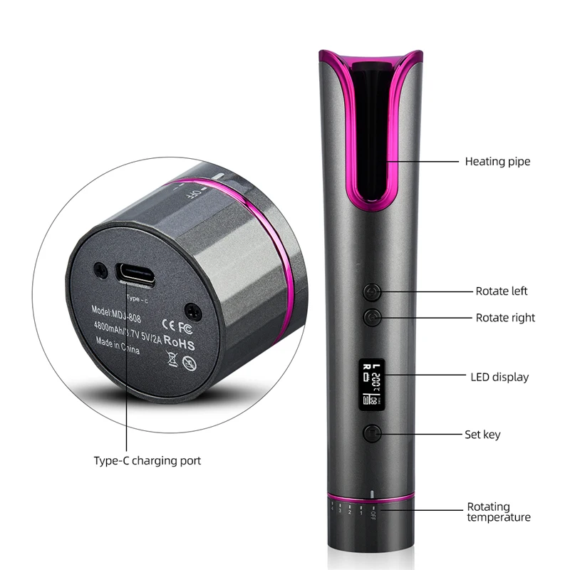 

Professional USB Rechargeable Wireless Hair waver LCD Curler pro rotating automatic Portable Auto Magic cordless curling iron, White/rose gold/black or oem