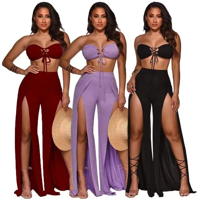 

Summer 2021 sexy women's strapless sets chic two piece pants set solid color sexy club outfits, 3 colors as picture