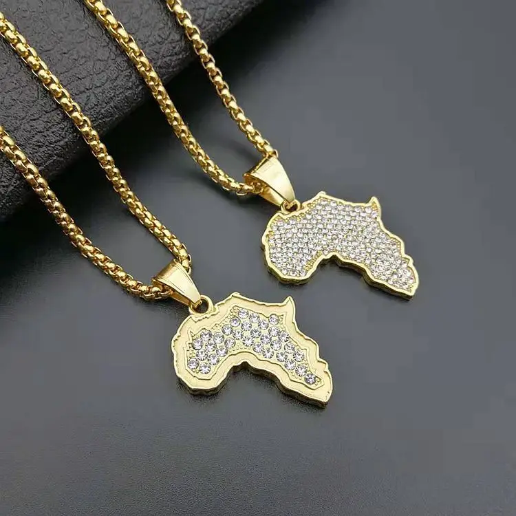 

High Quality 2 Sizes Stainless Steel Iced Out Chain Rhinestone Crystal Gold Africa Map Pendant