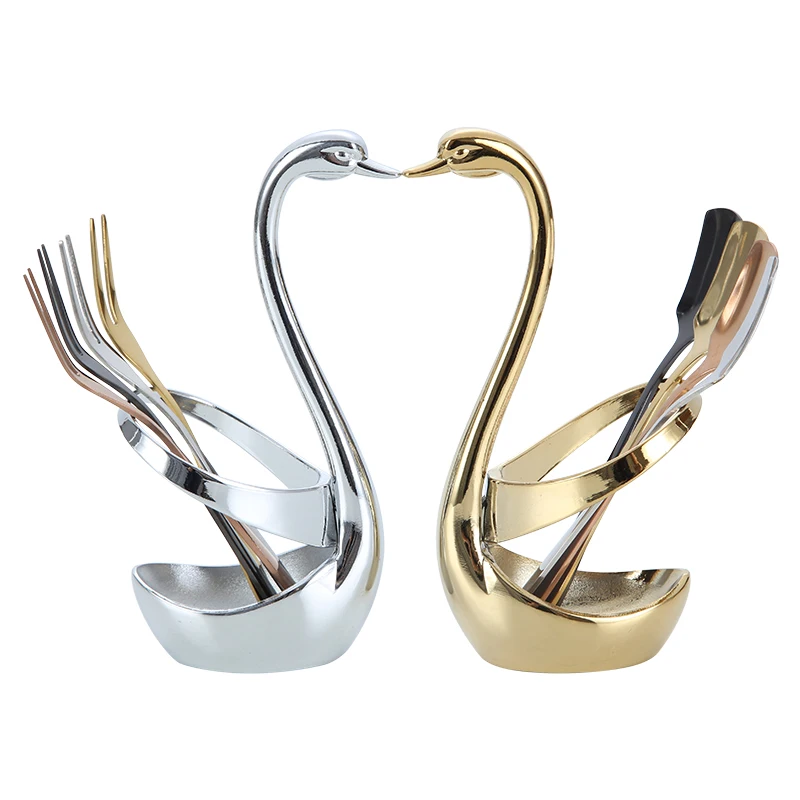 

304 stainless steel fruit fork and spoon set with swan shape holder, Silver/gold