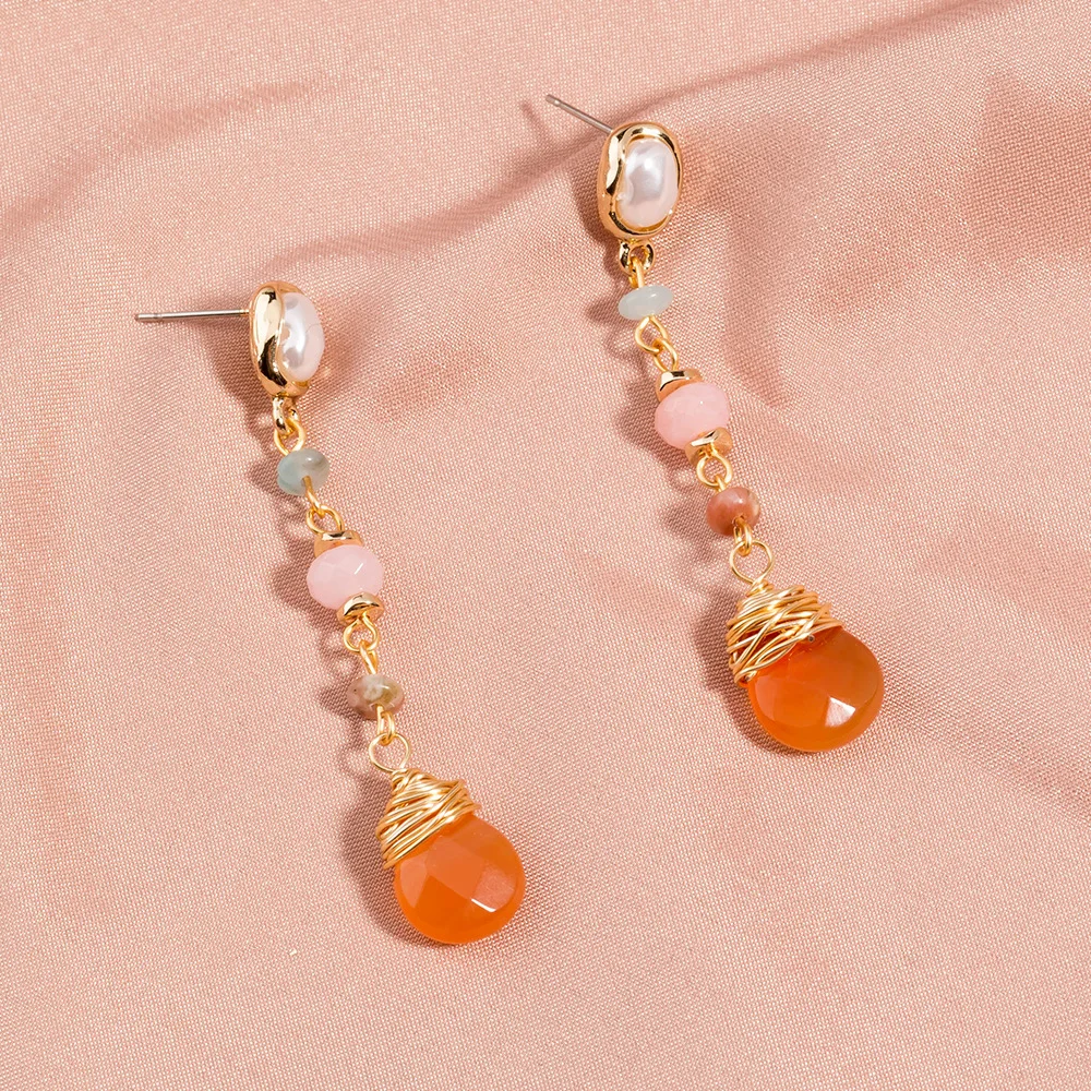 

Retro fresh and simple joker refined pearl earrings long orange natural stone earrings jewelry women, Luxury