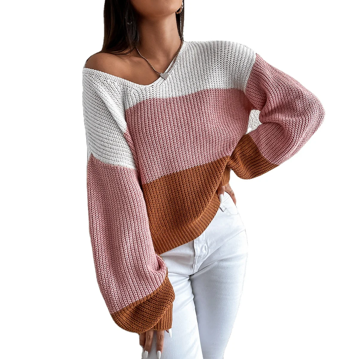 

Clothing Female Wholesale Colorful Sweaters Woman Casual Puff Long Sleeve Pullover Jumper Women V Neck Striped Sweater