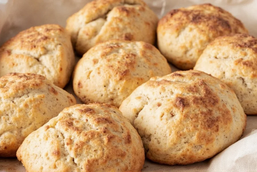Freshly baked cinnamon scones with golden crust and flaky layers served on a rustic wooden board