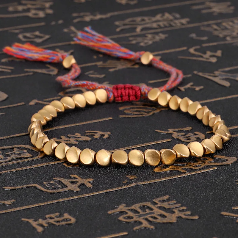 

Handmade National Tibetan Buddhist Lucky Rope Braided Adjustable Rope Irregular Copper Beads Bracelet for Women Men, As pictures