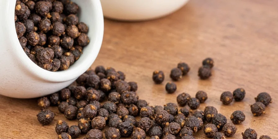 Peppercorns being toasted in a skillet