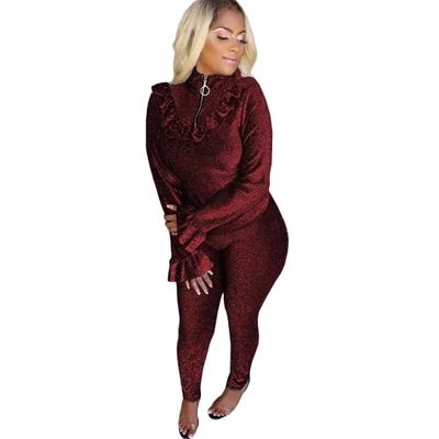 

2020 Cross Boarder Silk Casual Long Sleeves V Neck Zipper Closure Sports Flexible Two Piece Sets Women