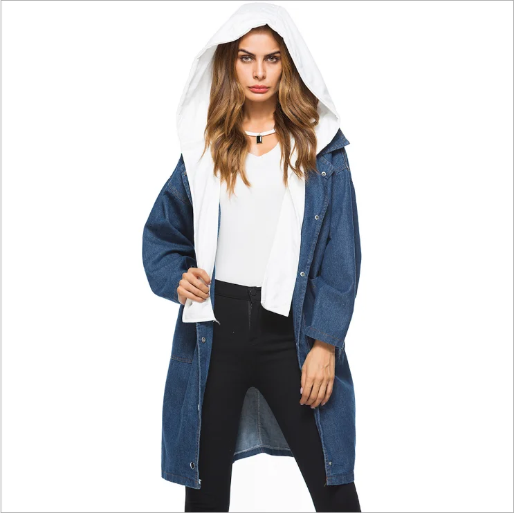 

2020 Autumn Winter Long Detachable Hooded Drop-shoulder Jeans Coat Women, 2 colors