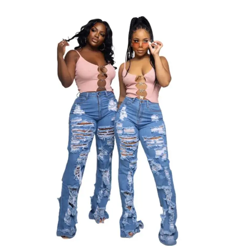 

2021 Stylish Flared Denim Trousers Ladies Sexy Slim Elastic Bule Jean Pants Women Ripped High Waist Flares Jeans Destroyed Denim, Picture color