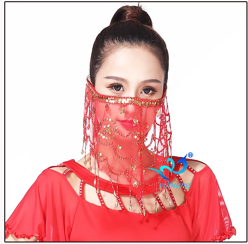 Oem Hand Made Belly Dance Mesh Sequin Face Veils Scarf 7 Colors