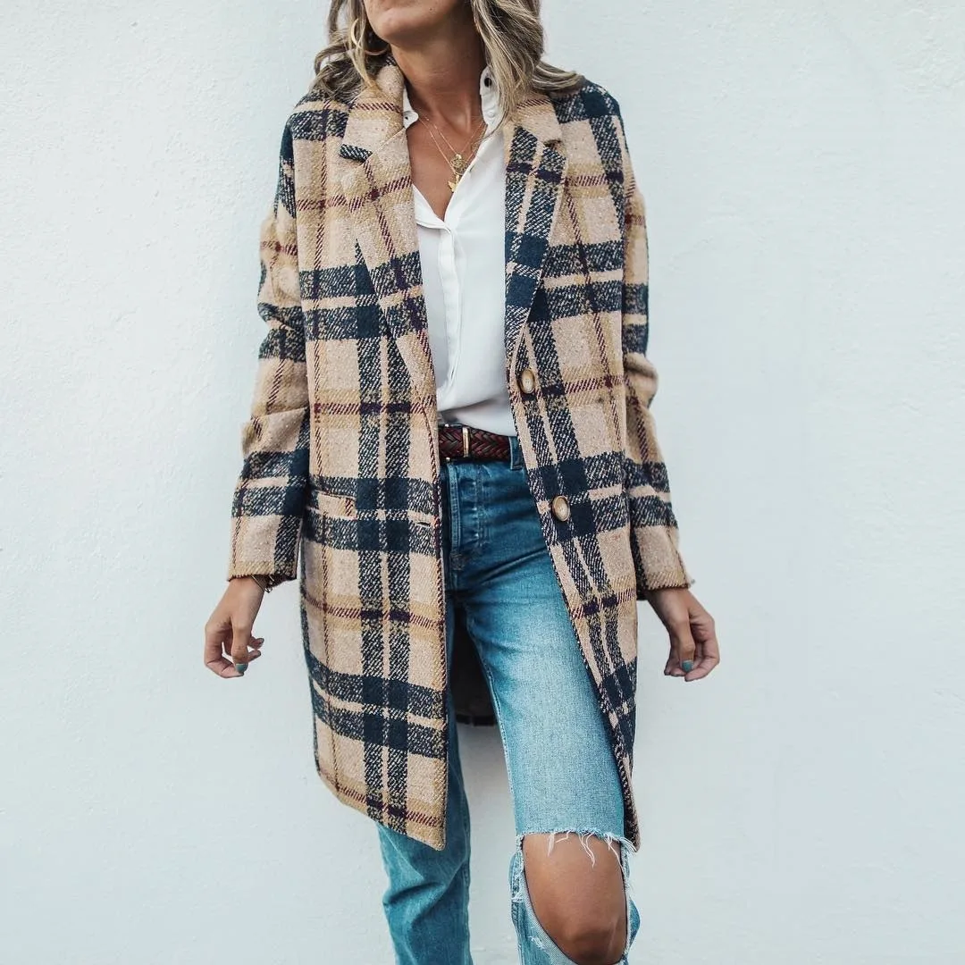 

Long Plaid Woolen Ladies Coat European and American New Loose Coat