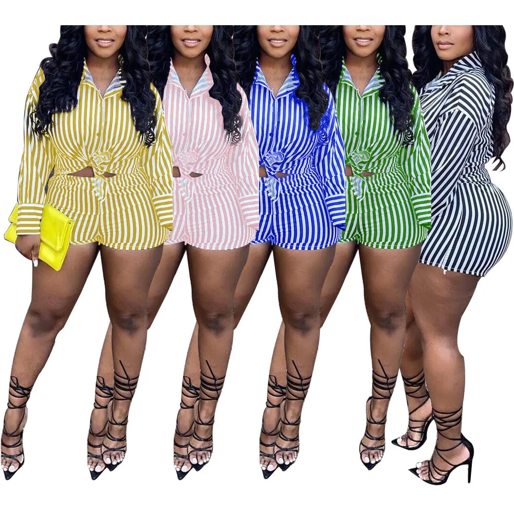

FS4706D striped shirts 2 Piece Set Women casual shorts outfits